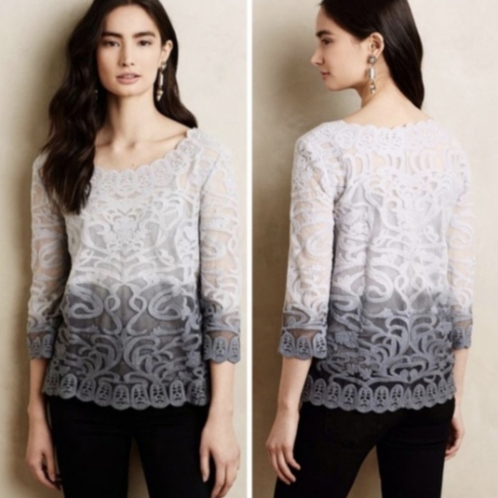 Anthropologie Meadow Rue Caela Gray Blue‎ Ombre Mesh Embroidered Blouse Small